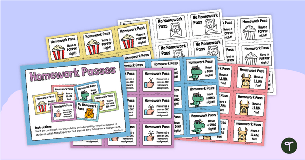 Go to Printable No Homework Passes teaching resource