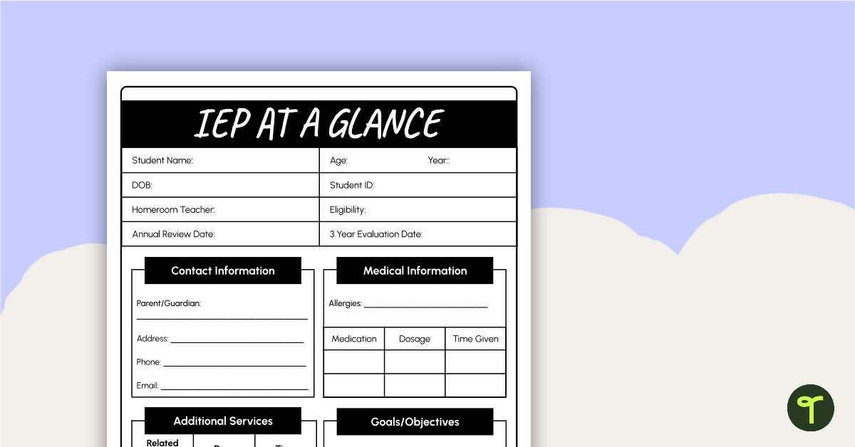 IEP at a Glance - Template teaching resource