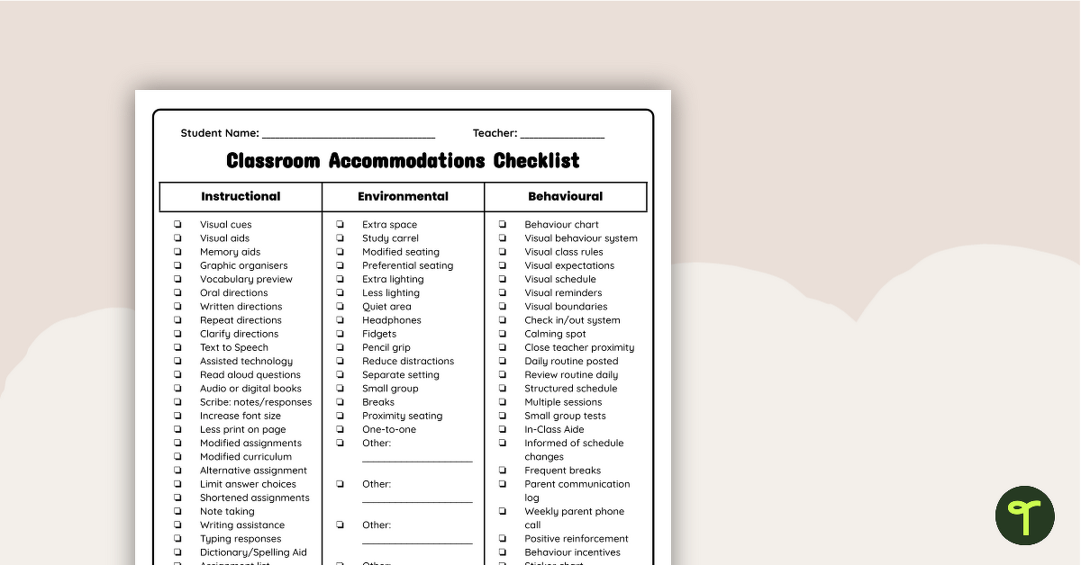 Classroom Accommodations Checklist teaching resource
