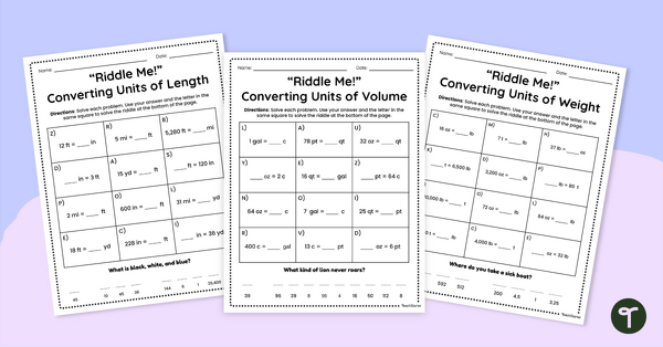 Go to Customary Measurement Conversion Worksheet Set — “Riddle Me!” teaching resource