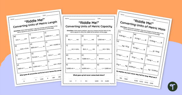 Go to Metric Conversion Practice Worksheet Set — "Riddle Me!" teaching resource