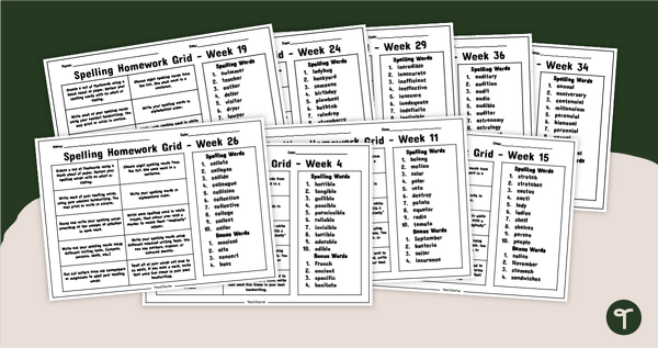 Go to Year 5 Spelling Words Worksheets - Weekly Spelling Homework teaching resource