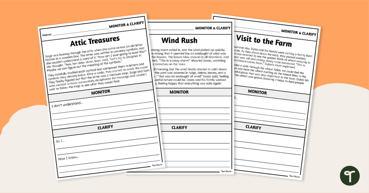 Monitor and Clarify Reading Strategy Worksheets teaching resource