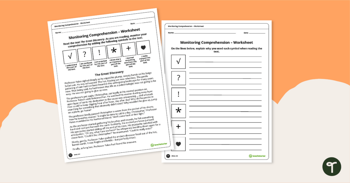 Monitoring Comprehension Symbols Worksheet teaching resource