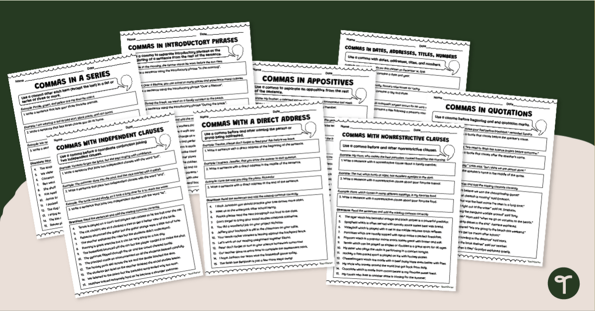 5th Grade Comma Worksheets teaching resource