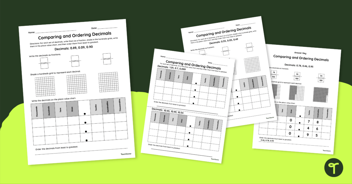 Ordering and Comparing Decimals With Models Worksheet Set teaching resource