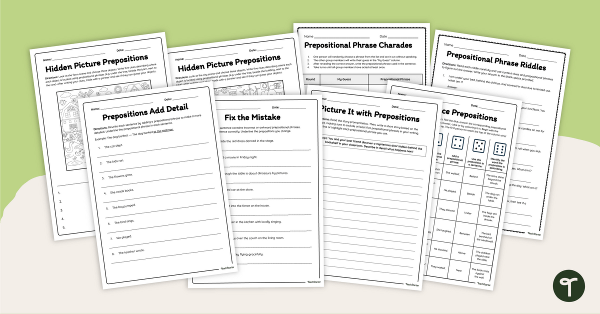 Prepositional Phrase Worksheet Pack teaching resource