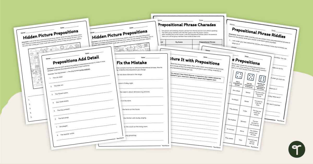 Prepositional Phrase Worksheet Pack teaching resource