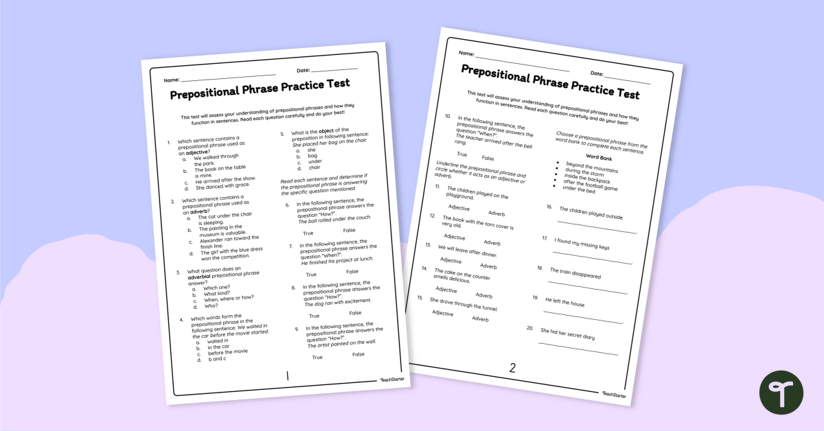 Prepositional Phrase Practice Test teaching resource