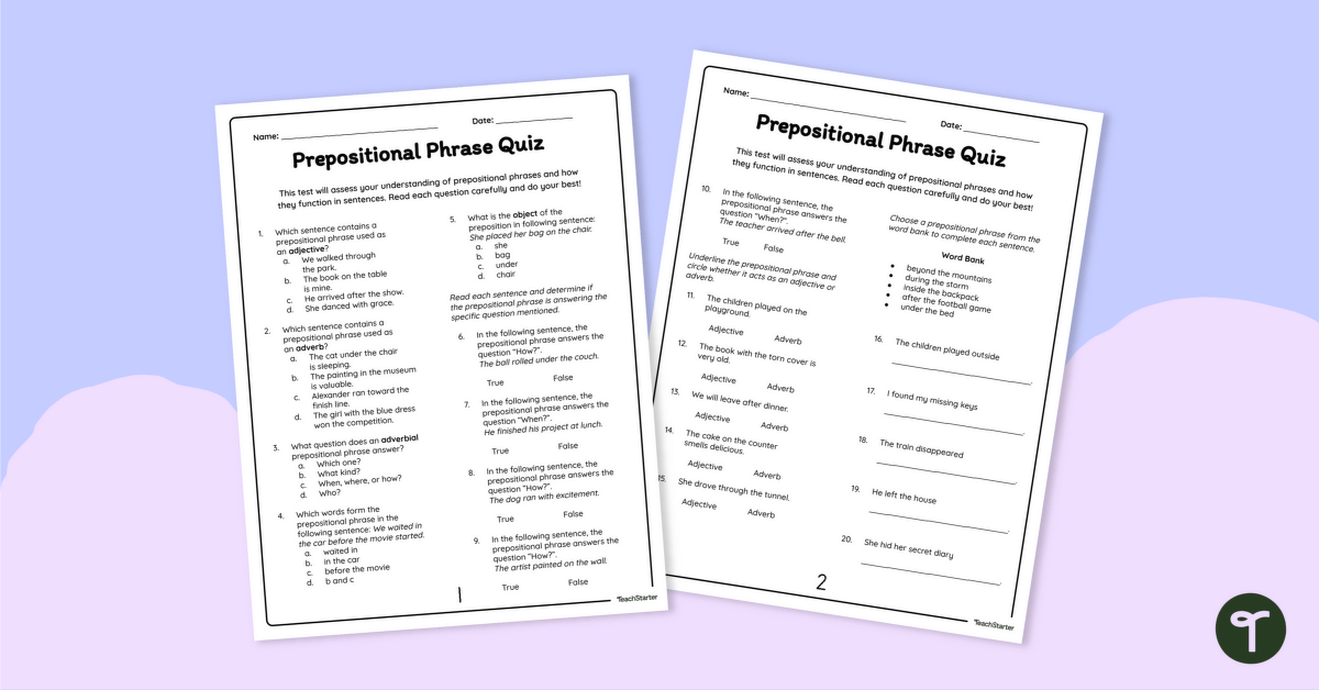 Prepositional Phrase Quiz teaching resource