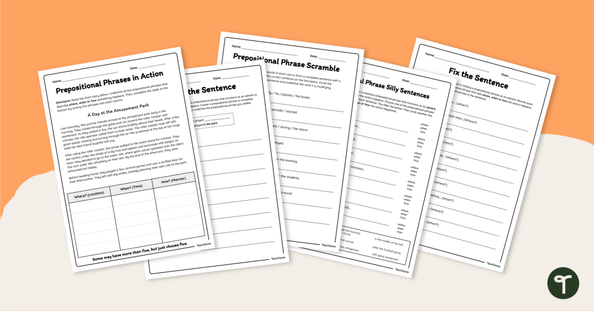 Adverb Prepositional Phrase Worksheets teaching resource