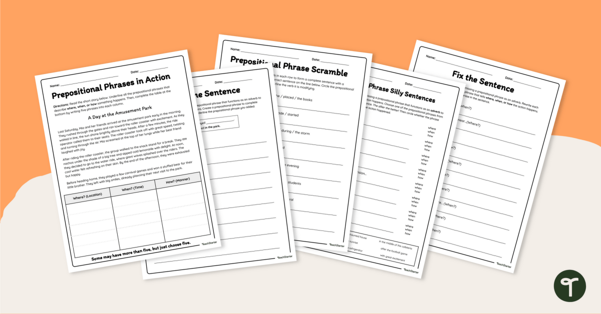 Adverb Prepositional Phrase Worksheets teaching resource