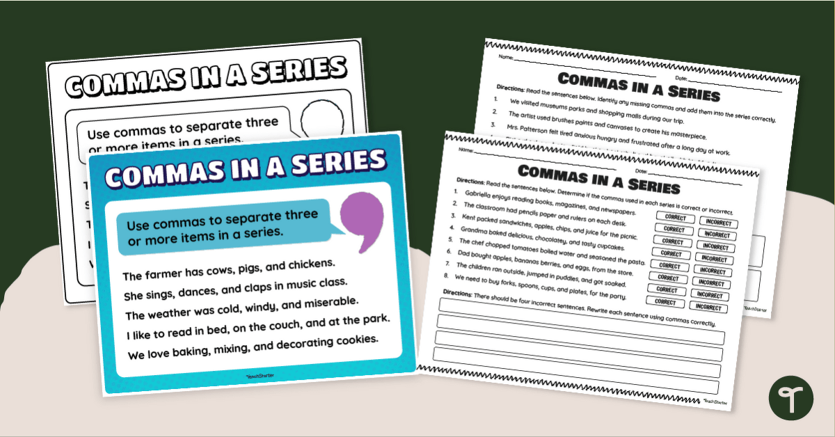 Using Commas in a Series Anchor Chart & Comma Handouts teaching resource