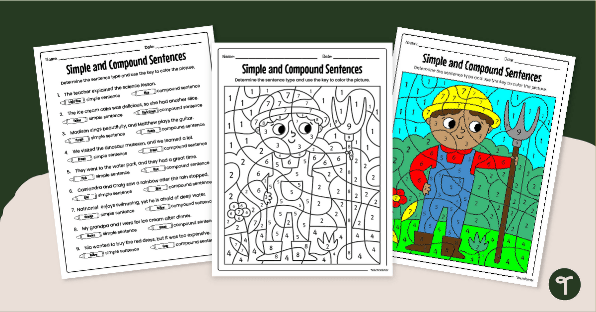 Colour By Code - Simple or Compound Sentence Worksheet teaching resource
