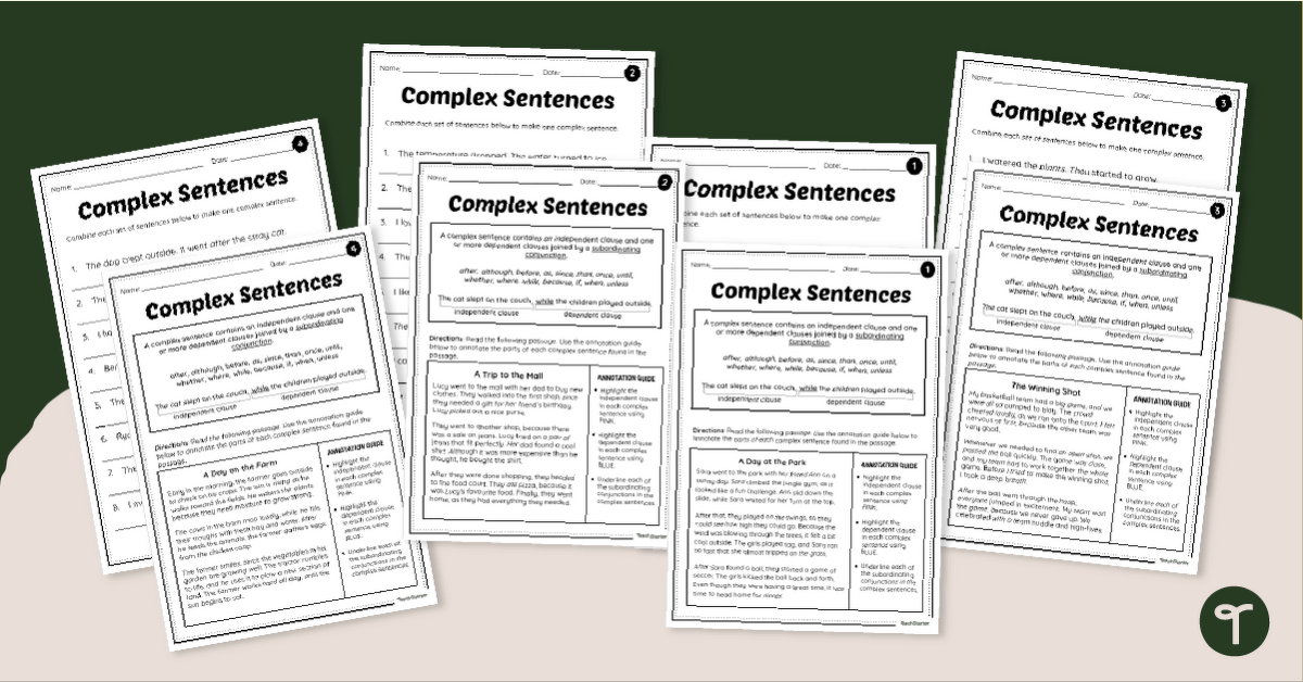 Complex Sentences Worksheet Pack teaching resource