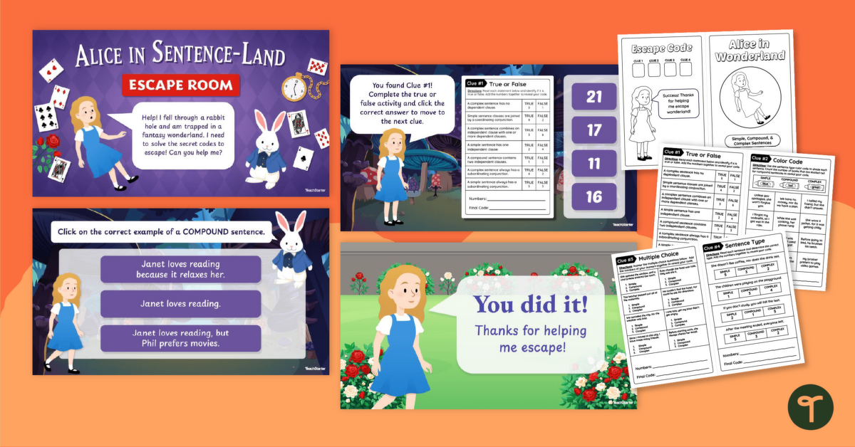 Alice in Wonderland Escape Room - Simple, Compound and Complex Sentences teaching resource