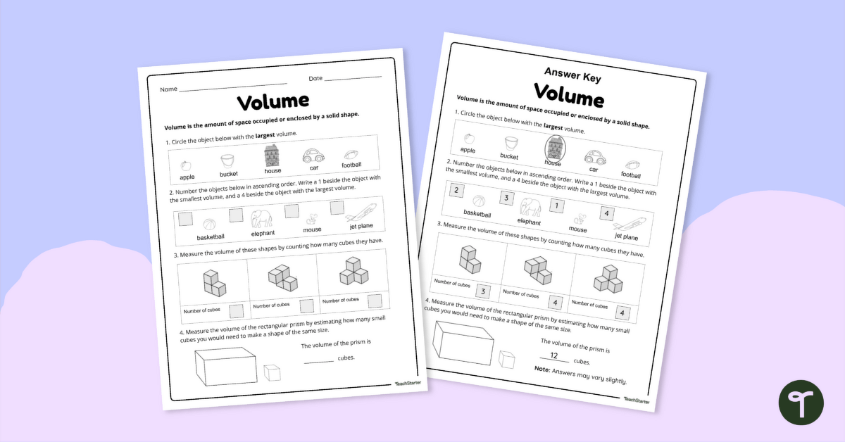 Volume Sheet (Introduction to Volume) teaching resource