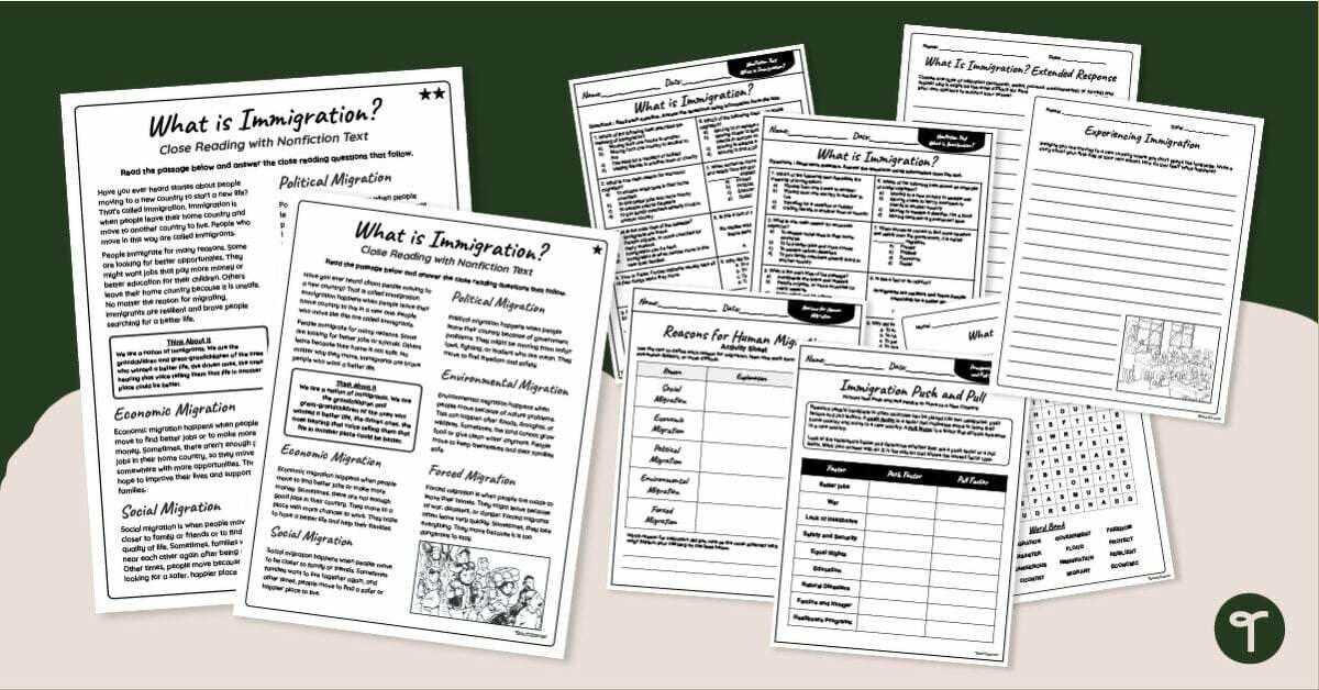 Immigration Worksheets - Year 4-5 Reading Comprehension Pack teaching resource