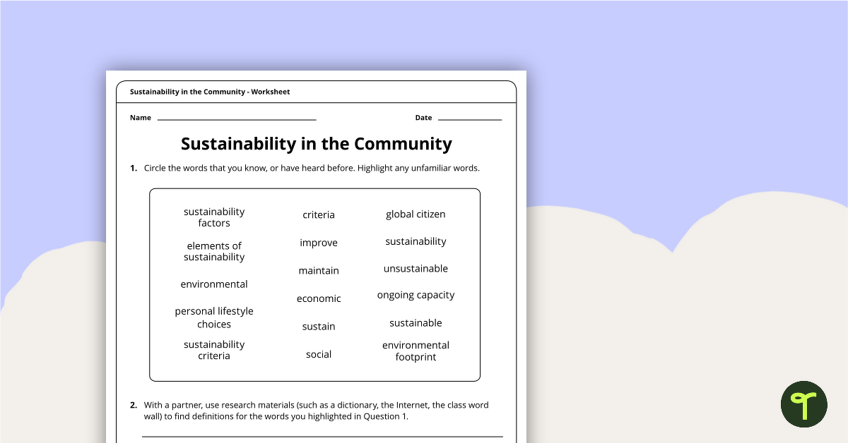 Sustainability in the Community Worksheet teaching resource