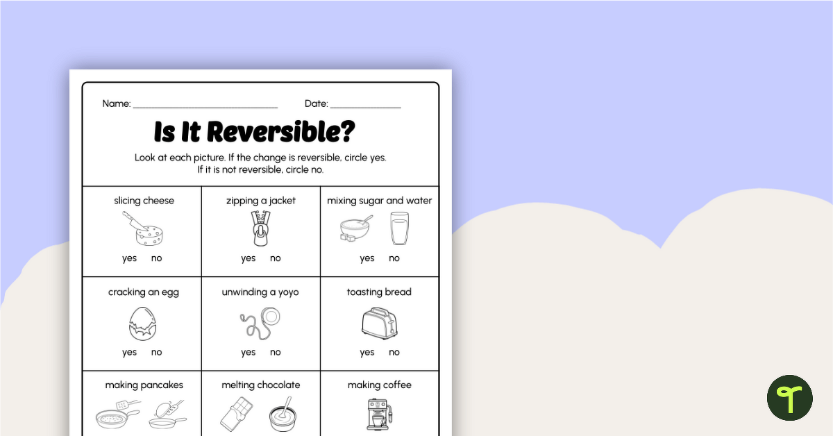 Reversible and Irreversible Changes Worksheet PDF - 1st Grade teaching resource