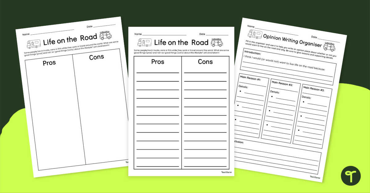 Opinion Writing Worksheets — 'Life on the Road' teaching resource