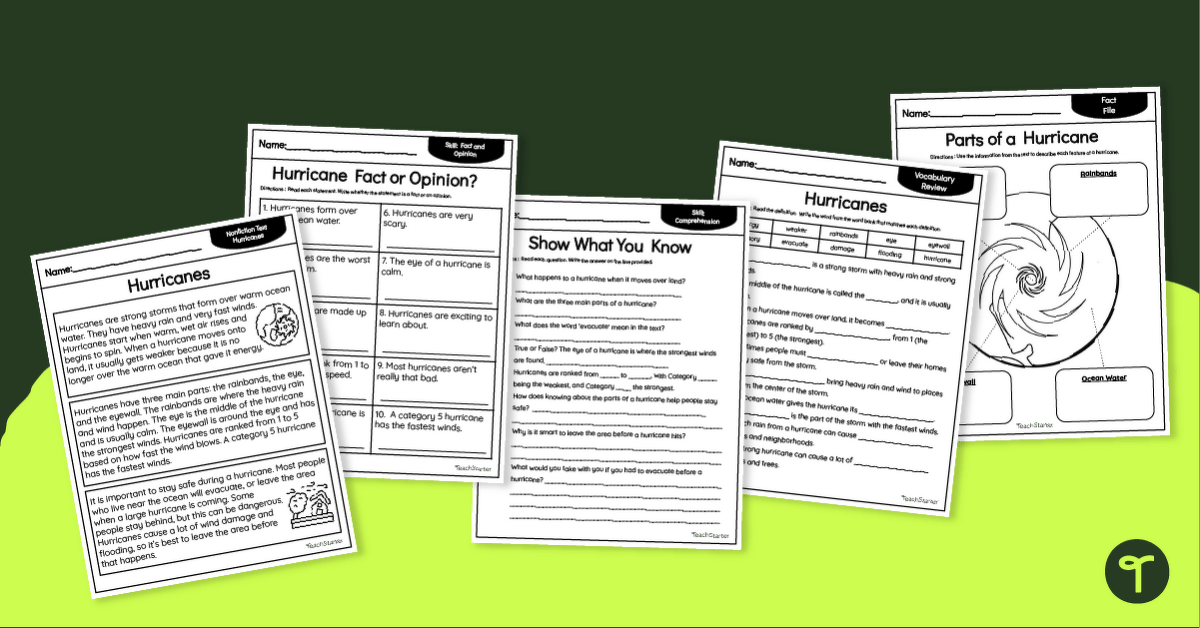 2nd Grade Hurricane Worksheets - Reading Comprehension teaching resource