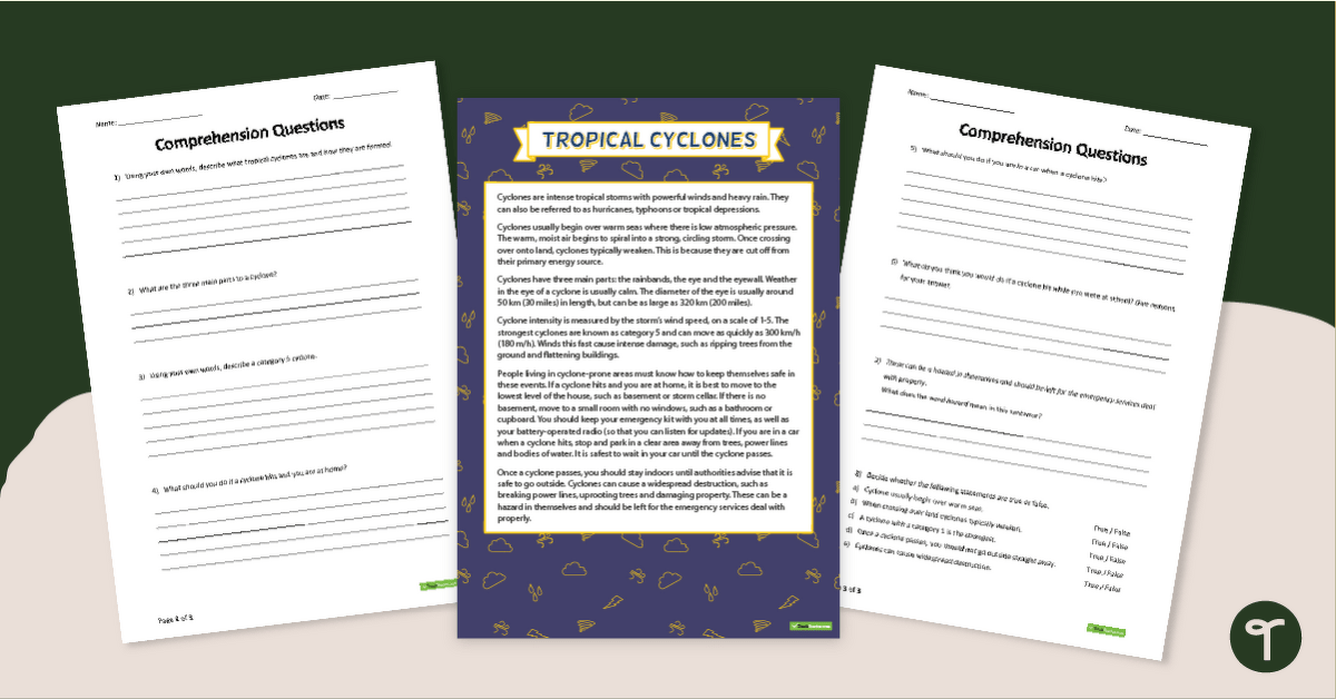 Tropical Cyclone Worksheet - Year 5/6 Comprehension teaching resource