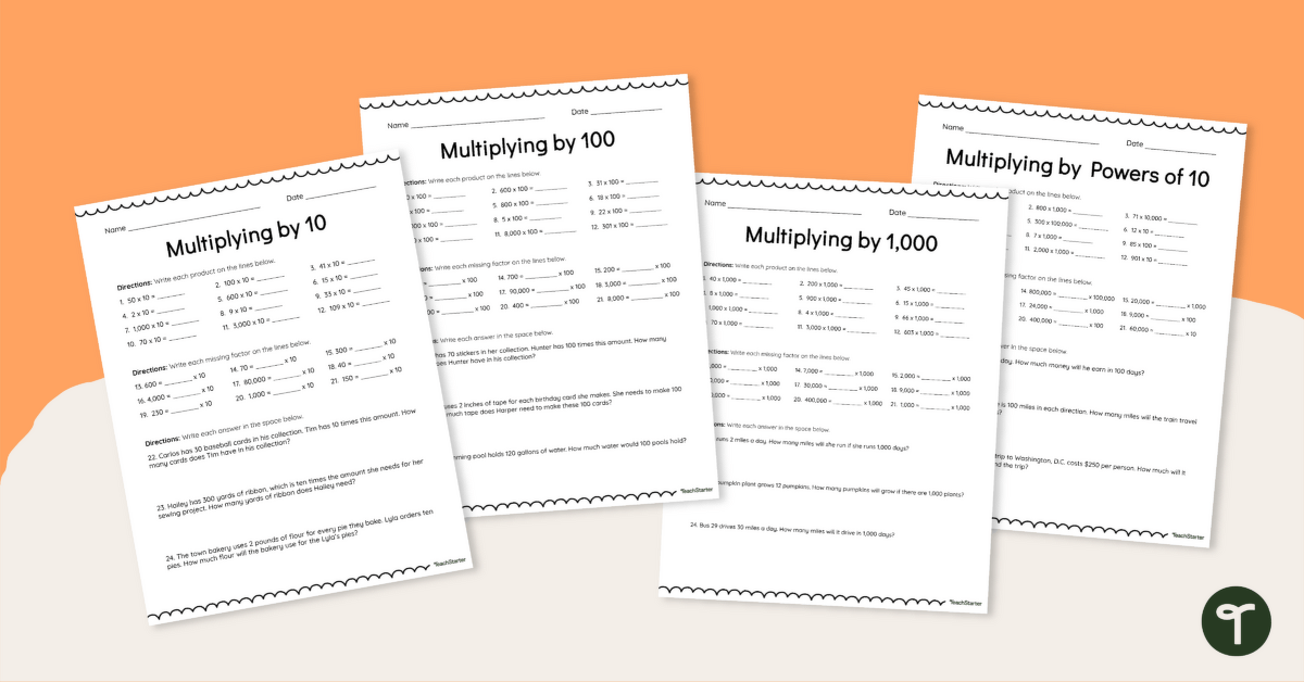 Multiplying by Powers of 10 Worksheet Set teaching resource