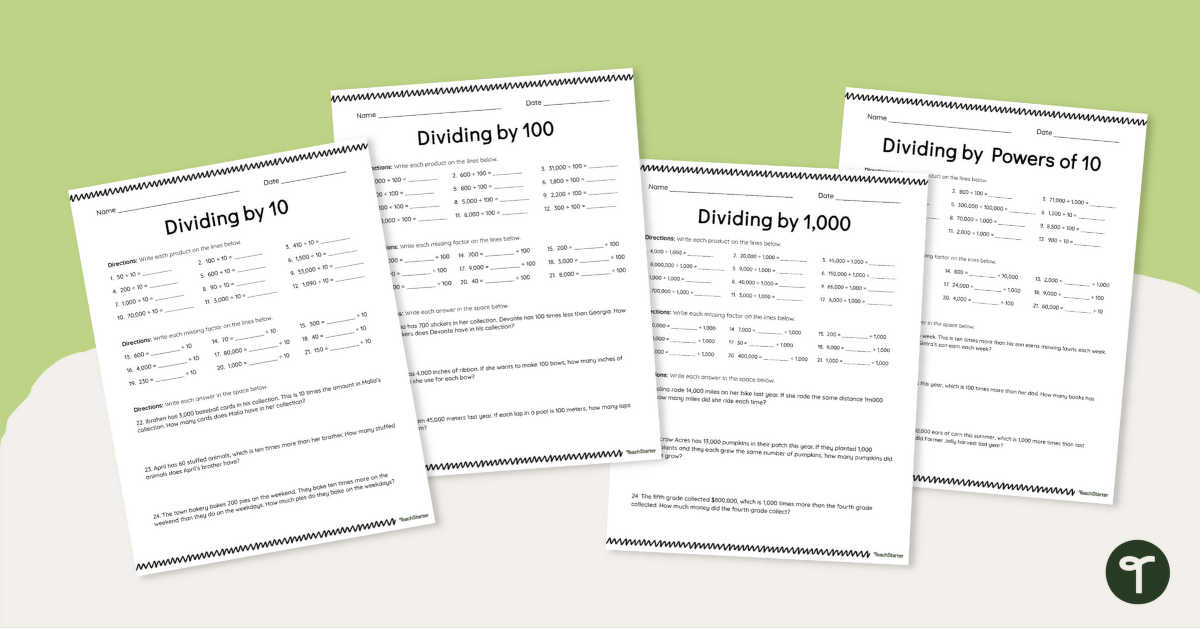 Dividing by Powers of 10 Worksheet Set teaching resource