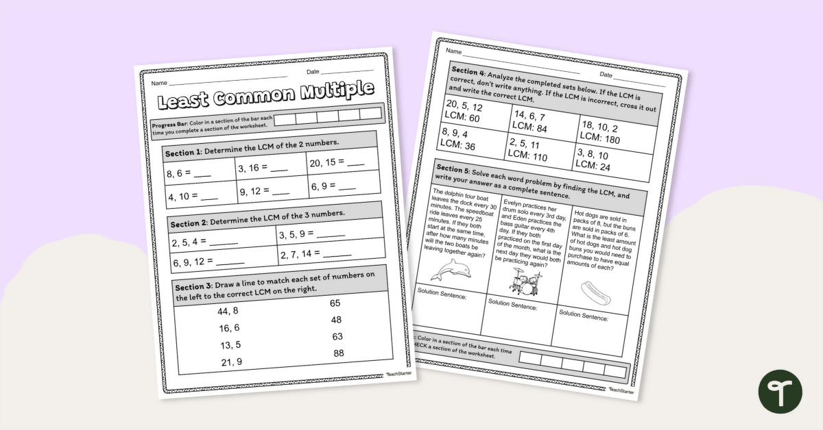 Least Common Multiple Worksheet teaching resource