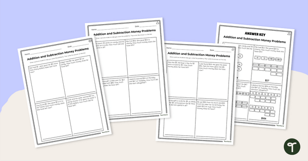 Go to Money Word Problems Addition and Subtraction Worksheet Set teaching resource
