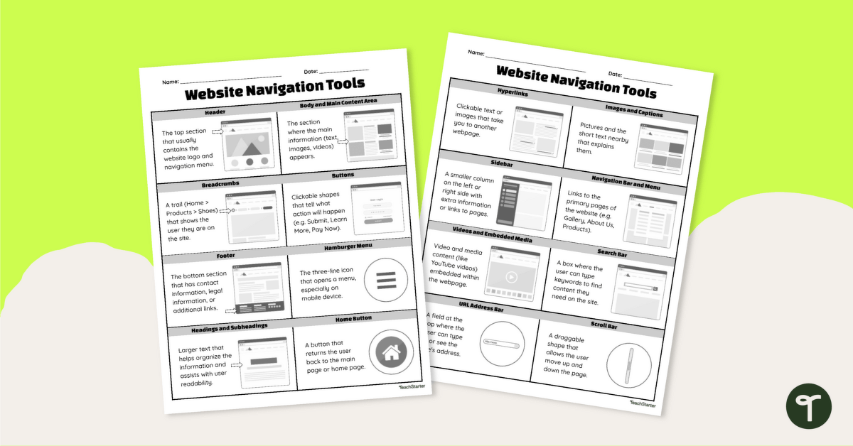 Website Navigation Tools Cheat Sheet teaching resource