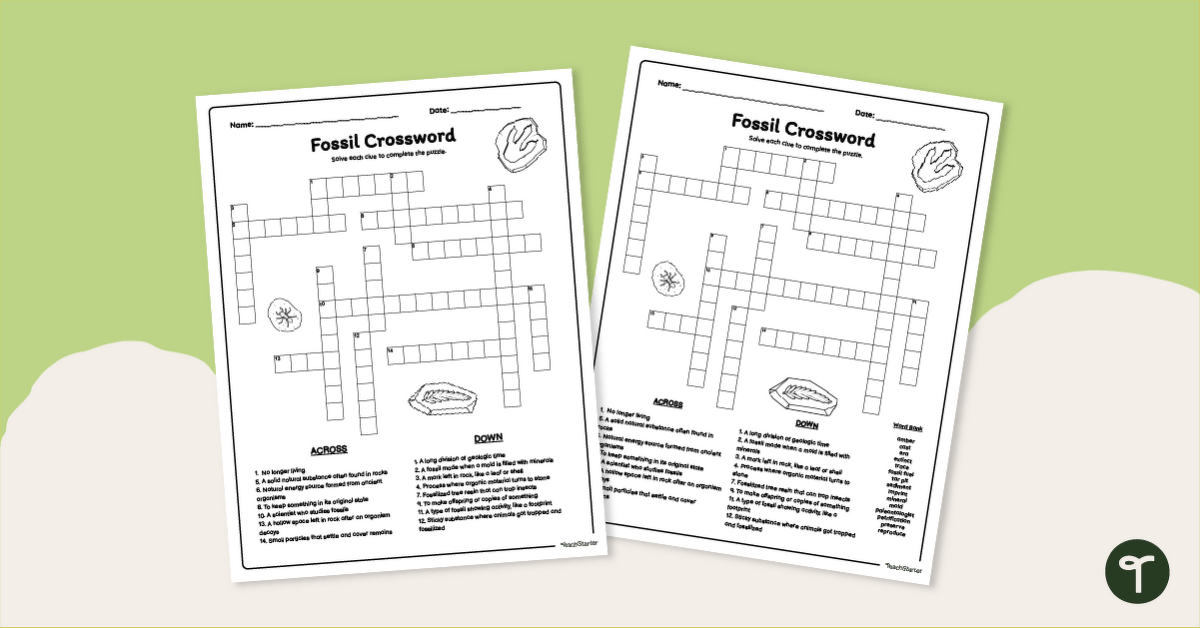 Fossil Crossword Puzzle teaching resource