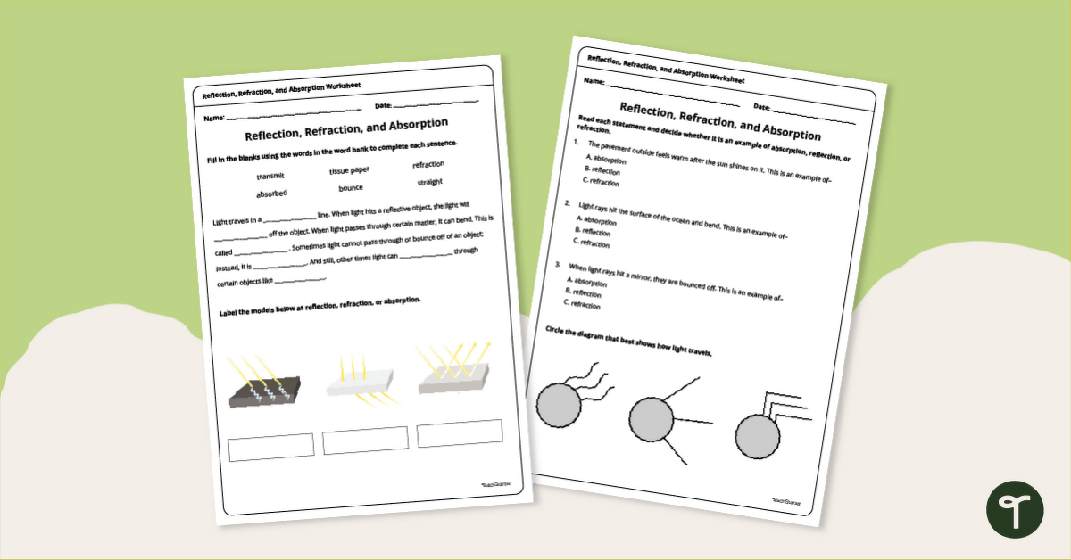 Reflection, Refraction, and Absorption Worksheet teaching resource