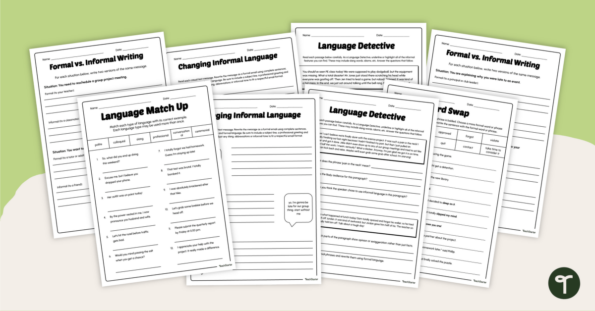 Formal vs Informal Language Worksheet Pack teaching resource