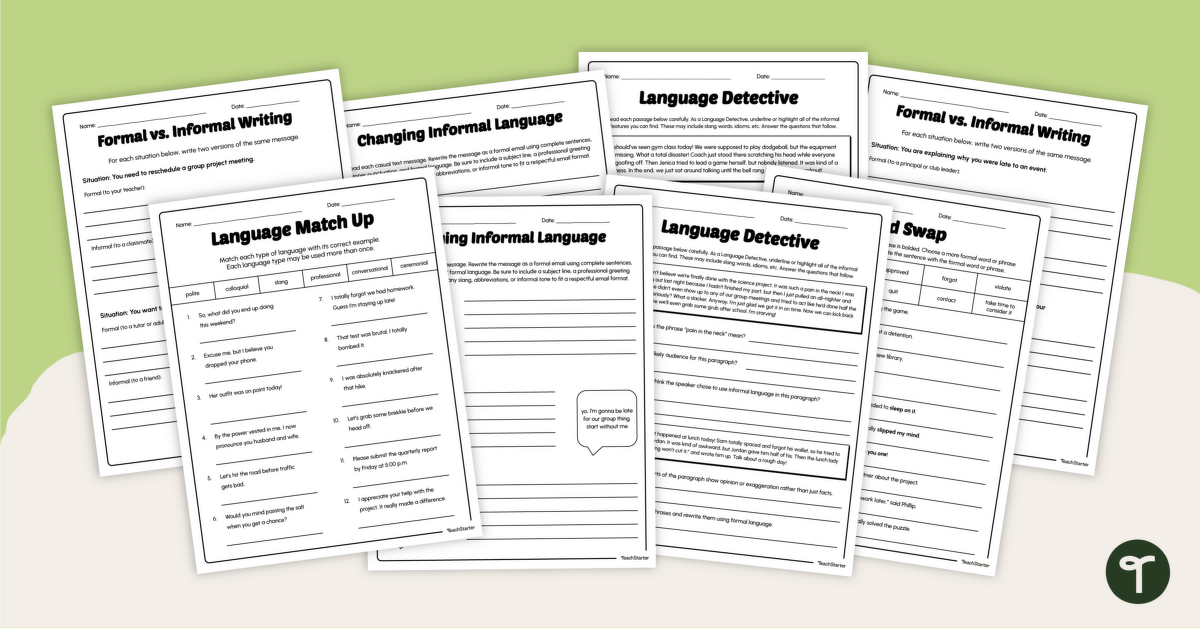 Formal vs Informal Language Worksheet Pack teaching resource
