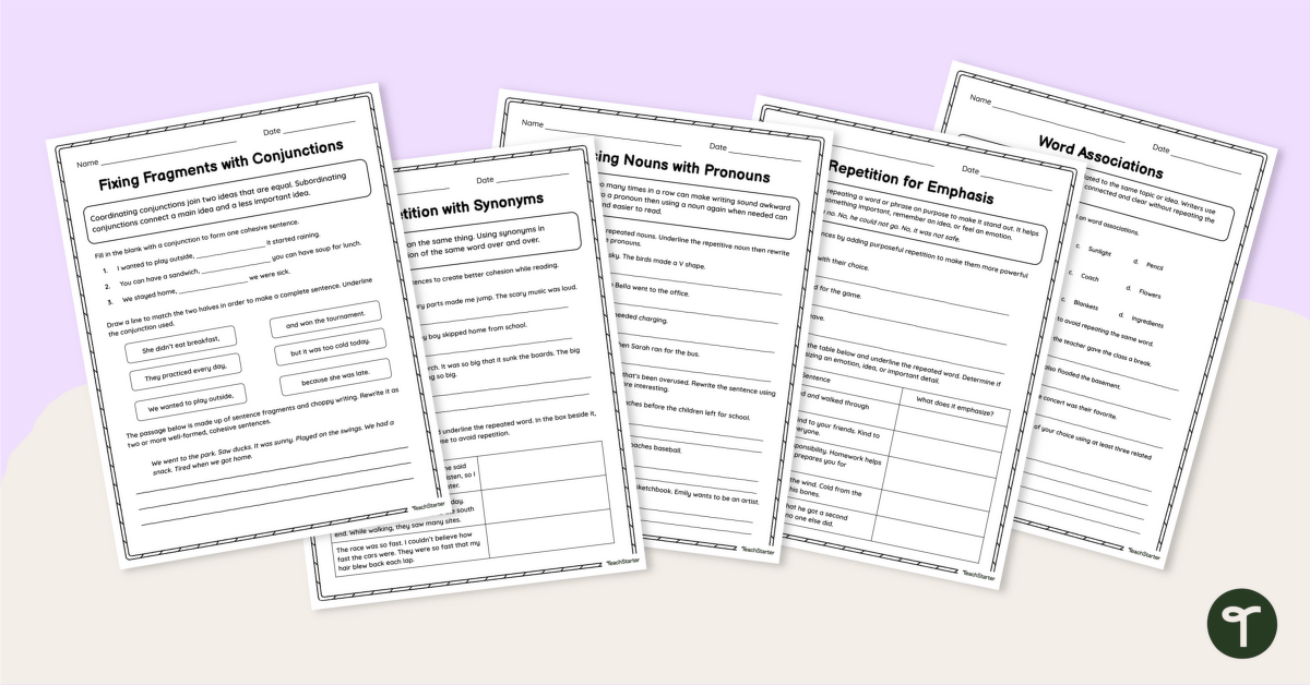 Sentence Cohesion Worksheet Pack teaching resource