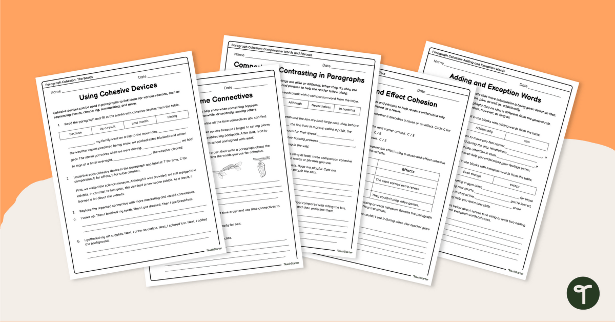 Cohesion in a Paragraph Worksheet Pack teaching resource