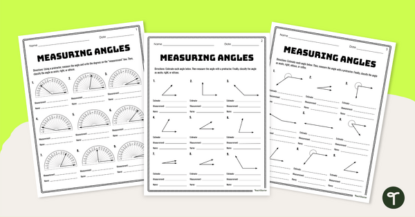 Go to Estimating and Measuring Angles With a Protractor Worksheet Set teaching resource