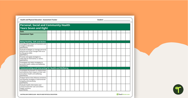 Health and Physical Education Years 7 and 8 Assessment Trackers teaching resource