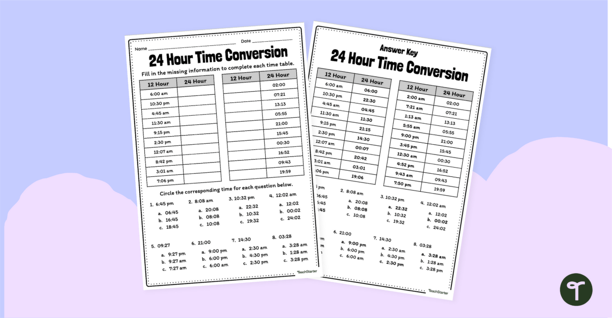 Converting Time Worksheet - 12 to 24 Hour Time | Teach Starter for Free Printable 24 Hour Clock Worksheets