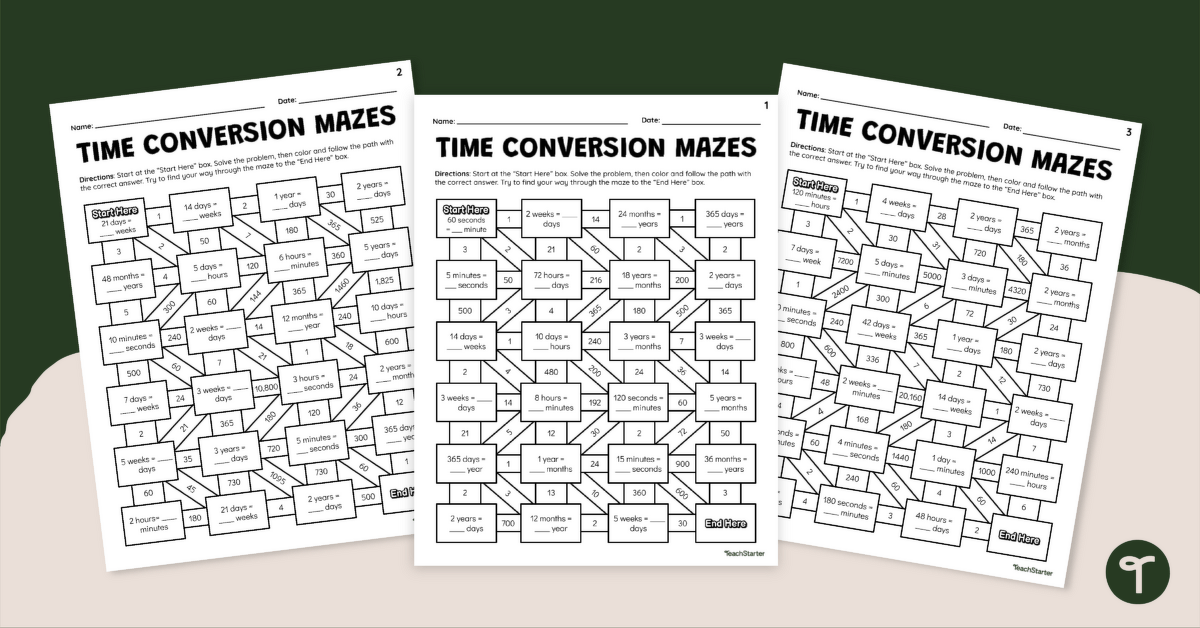Time Conversion Math Maze Worksheets teaching resource