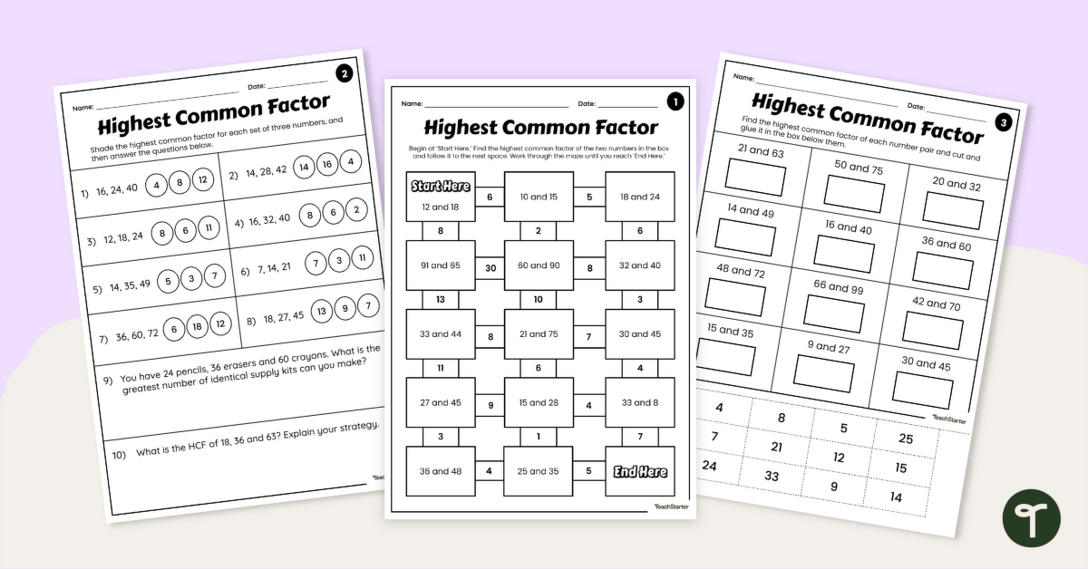 Highest Common Factor Worksheet Set teaching resource