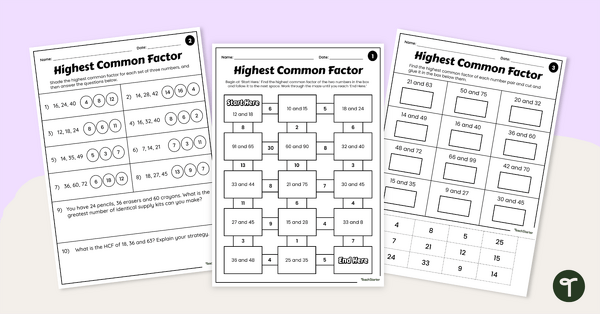 Go to Highest Common Factor Worksheet Set teaching resource