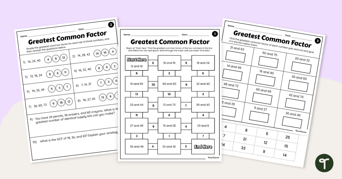 Greatest Common Factor Worksheets teaching resource