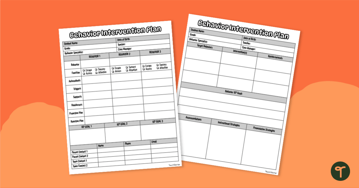 Behavior Intervention Plan Template teaching resource