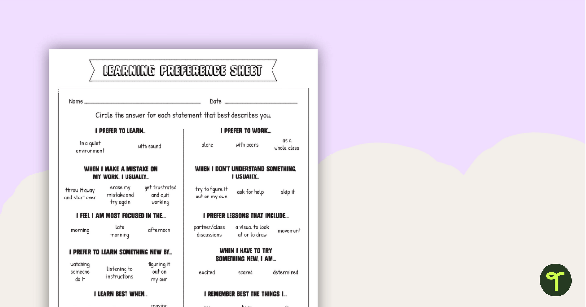 Learning Style Inventory Worksheet (3-5) teaching resource