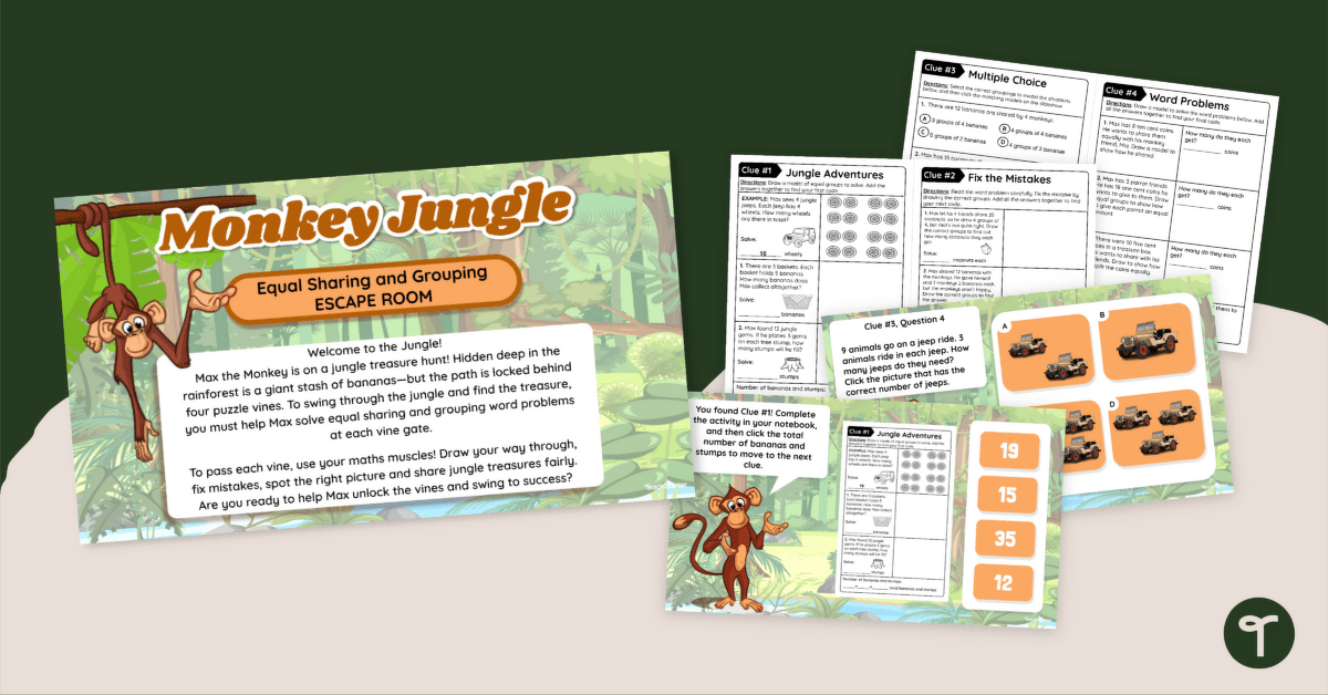 Activities for Multiplication and Division - Monkey Jungle Escape Room teaching resource