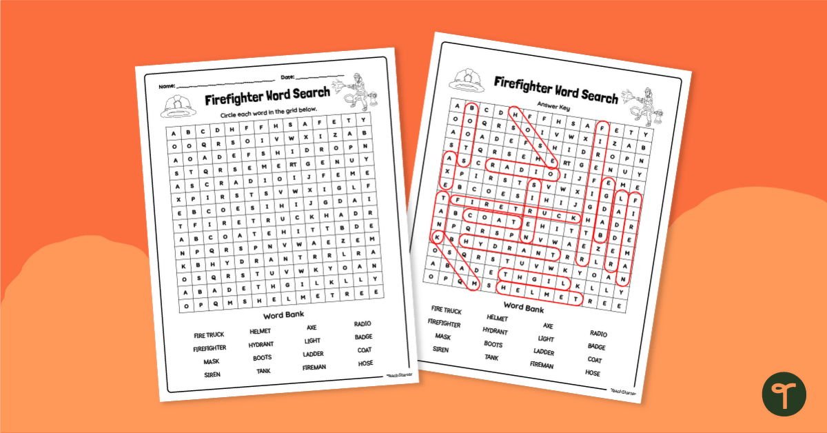 Firefighter Word Search Puzzle teaching resource
