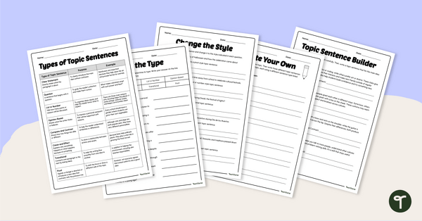 Go to Different Types of Topic Sentences Worksheet Pack teaching resource